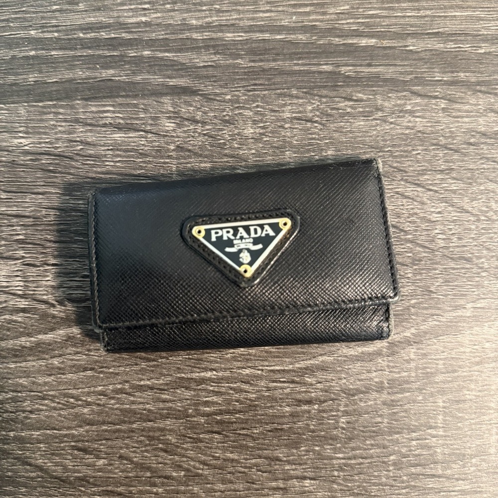 PRADA Triangle Logo Saffiano Leather Key Ring Case Black Used Vintage Authentic